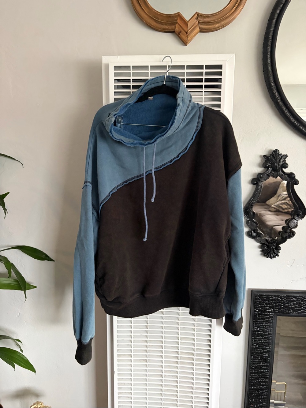 Free People Two-Tone Funnel Neck Sweatshirt in Blue and Black